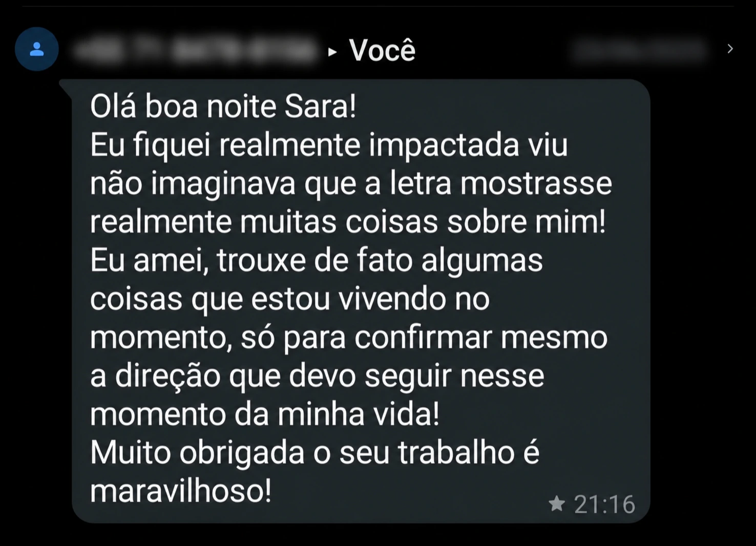 Mensagem enviada a Sara: relata surpresa com a leitura da letra e clareza sobre o momento vivido e a direção a seguir.