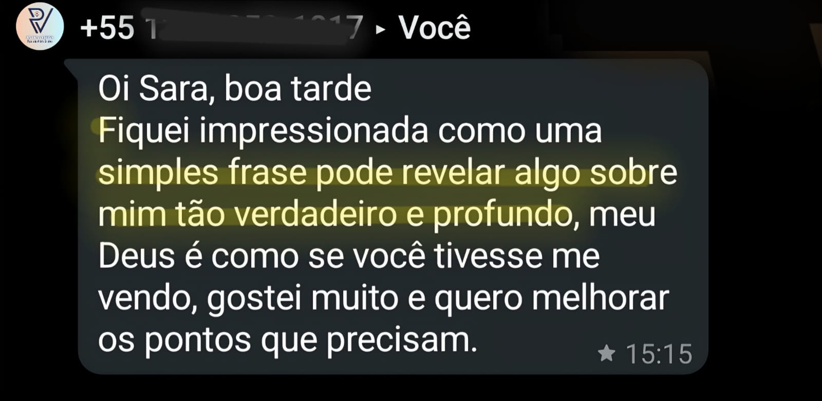 Mensagem enviada a Sara: relata identificação com a análise de uma frase e vontade de melhorar os pontos percebidos.