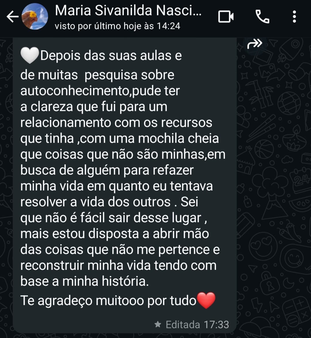 Mensagem de Maria Sivanilda: relata mais clareza após as aulas e disposição para reconstruir a vida a partir da própria história.