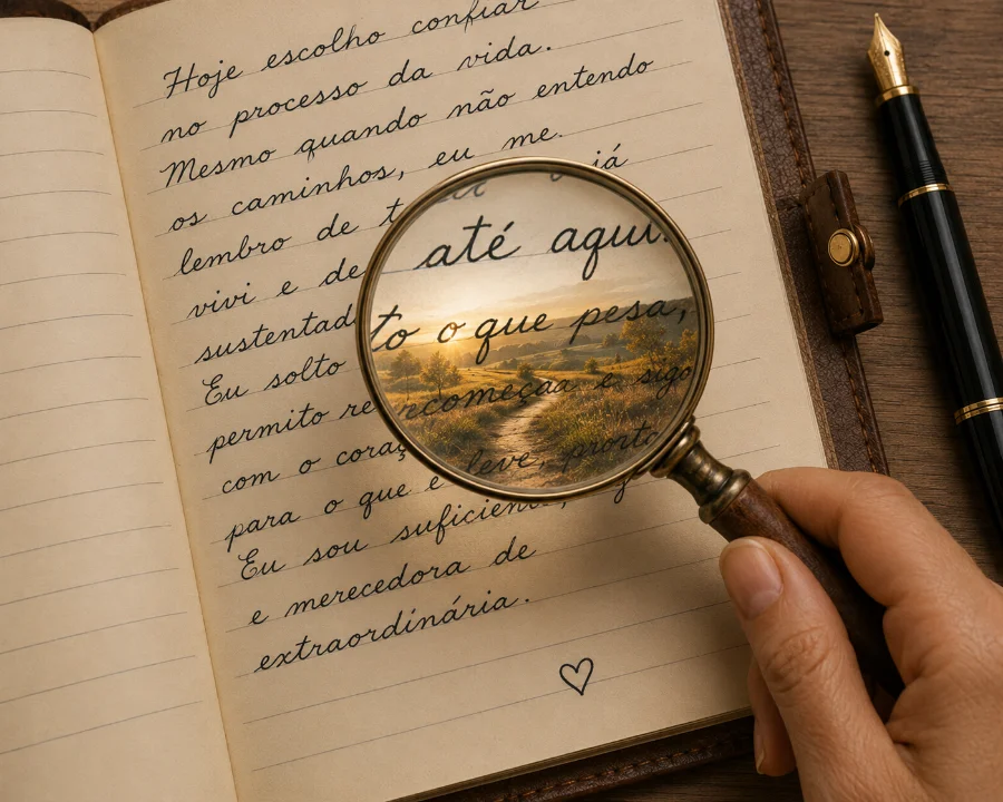 Escrita em um caderno observada com uma lupa