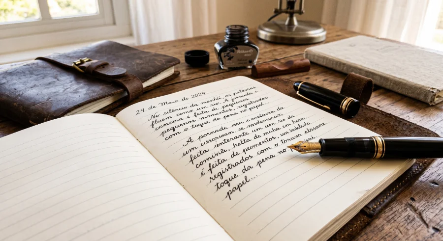 Caneta e caderno sobre uma mesa iluminada